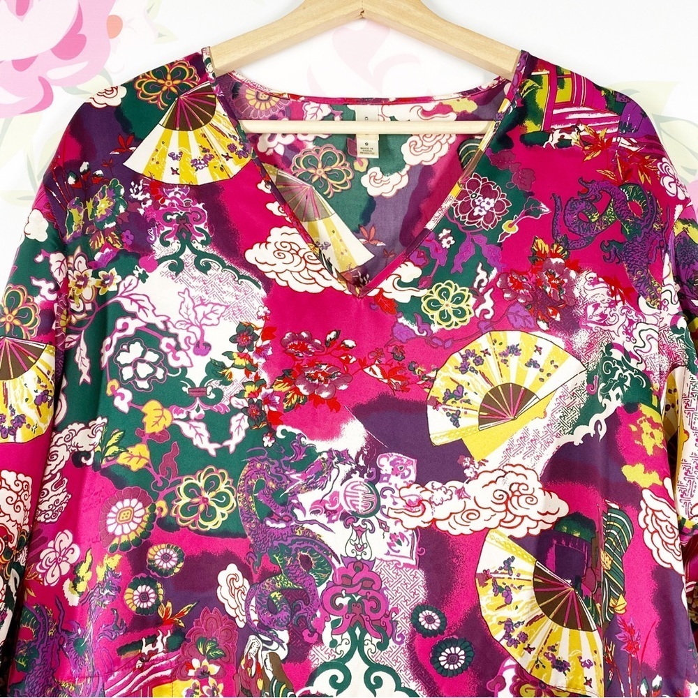 Cruz Natori Asian Floral Print Hot Pink Kimono Lounge House Dress S - Picture 2 of 12